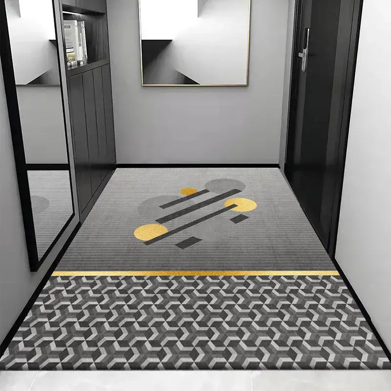 Modern gray and yellow geometric-patterned hallway rug in crystal velvet entrance style by decorbites grey crystal