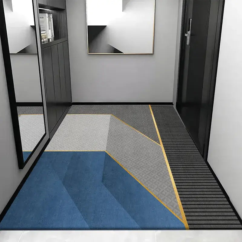 Modern geometric entrance rug with bold blue gray and gold accents in decorbites grey crystal velvet for hallway use