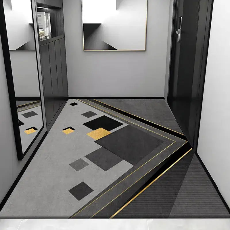 Modern geometric cosmic grey crystal velvet entrance rug with gray base, black and gold square patterns for hallway decorbites grey crystal