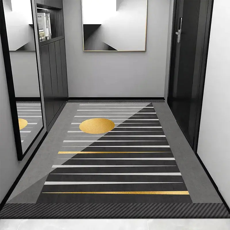 Modern geometric hallway rug with black white and gold stripes and central golden circle in decorbites grey crystal velvet entrance design