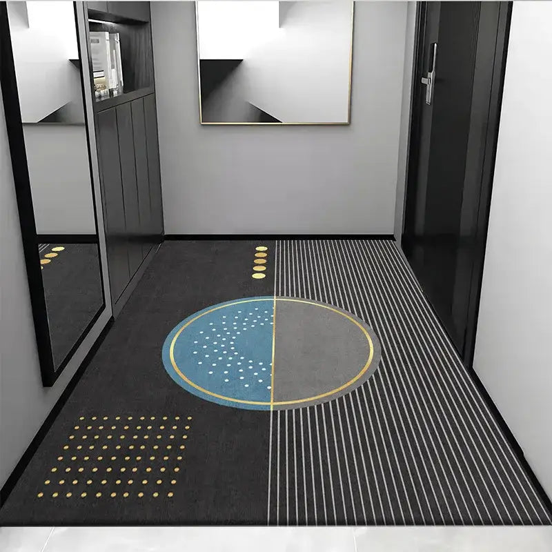 Modern geometric cosmic grey crystal velvet entrance rug with black base blue gray patterns and gold accents for hallway decorbites grey crystal