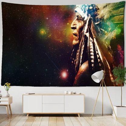 Vibrant cosmic indian head psychedelic tapestry wall hanging with native american chief in profile on nebula backdrop decorbites indian head decor