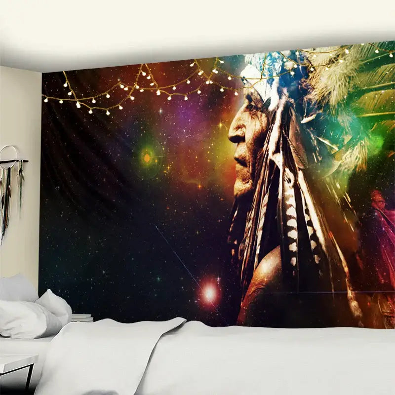 Vibrant cosmic-themed indian head psychedelic tapestry with native american chief against starry rainbow galaxy decorbites indian head wall hanging