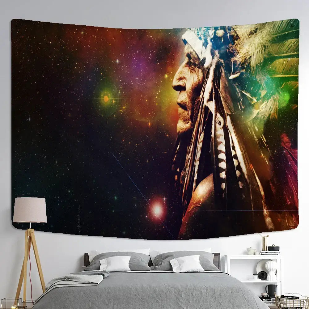 A vibrant galaxy-themed indian head psychedelic tapestry wall hanging for living room decor by decorbites