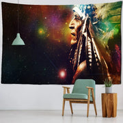 Vibrant cosmic indian head psychedelic tapestry wall hanging with native american chief in profile for decorbites indian head decor