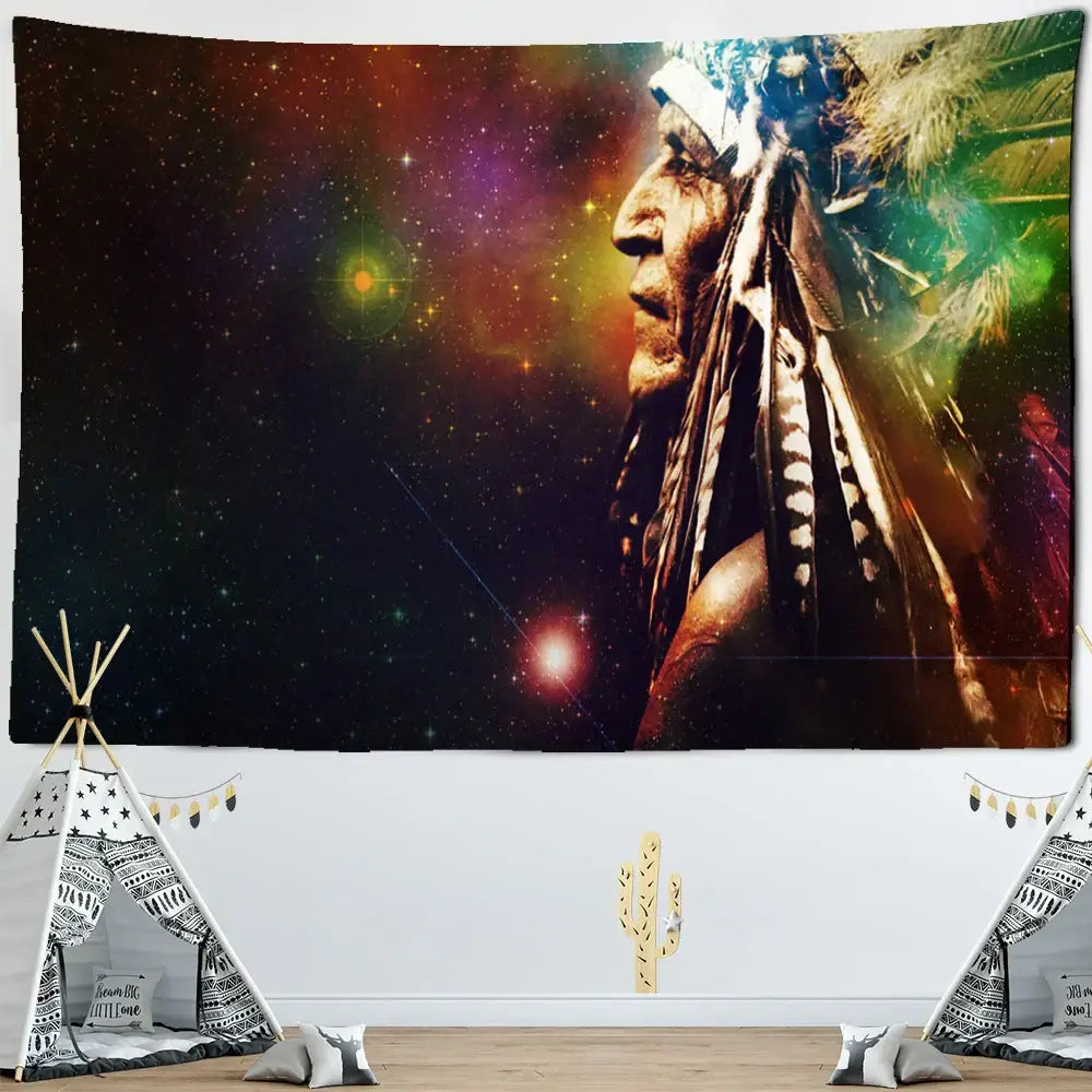 Vibrant cosmic indian head psychedelic tapestry wall hanging with rainbow hues starry sky for living room decorbites decor