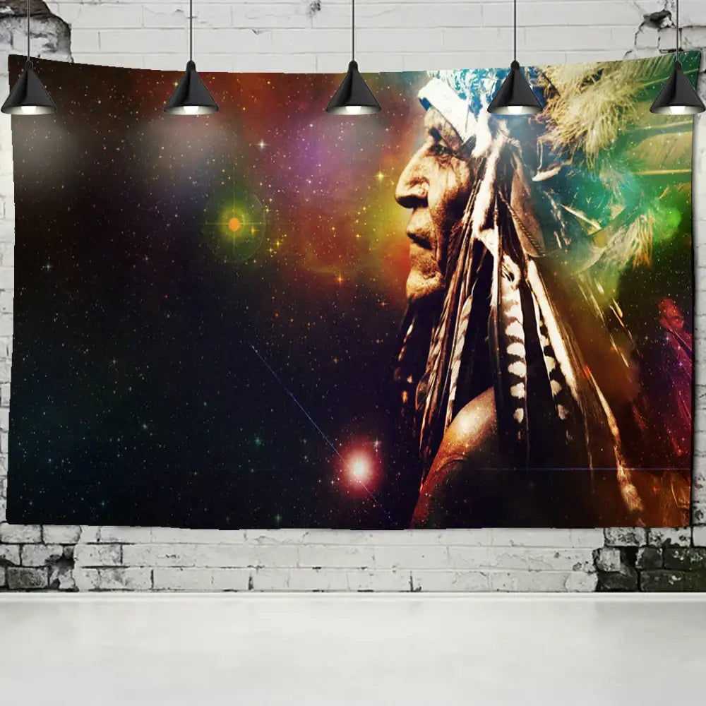 Vibrant cosmic indian head psychedelic tapestry wall hanging with native american chief decorbites indian head design
