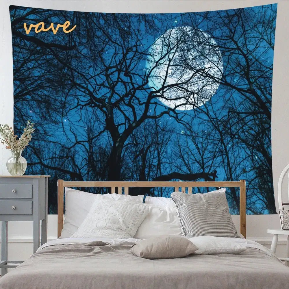 A deep blue moonlit forest tree landscape tapestry with black silhouettes and a glowing moon by brand vave for decorbites forest tree decor