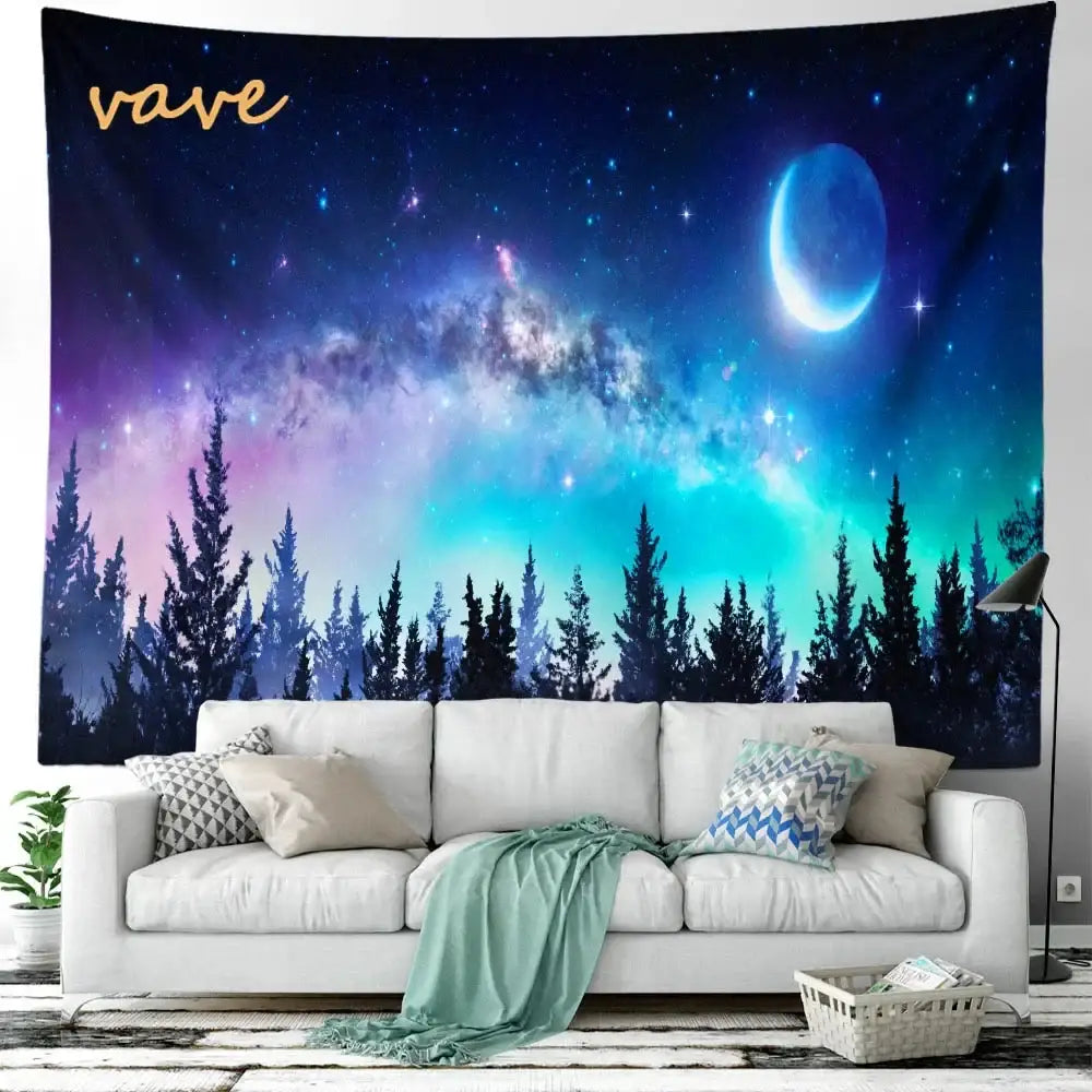 A vibrant cosmic night sky forest tree landscape tapestry with crescent moon and gold vave decorbites forest tree design
