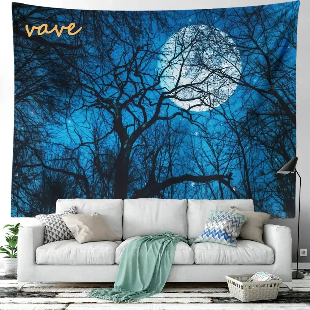 Blue moonlit forest tree landscape tapestry with black silhouettes and gold vave logo for bedroom decorbites forest tree decor