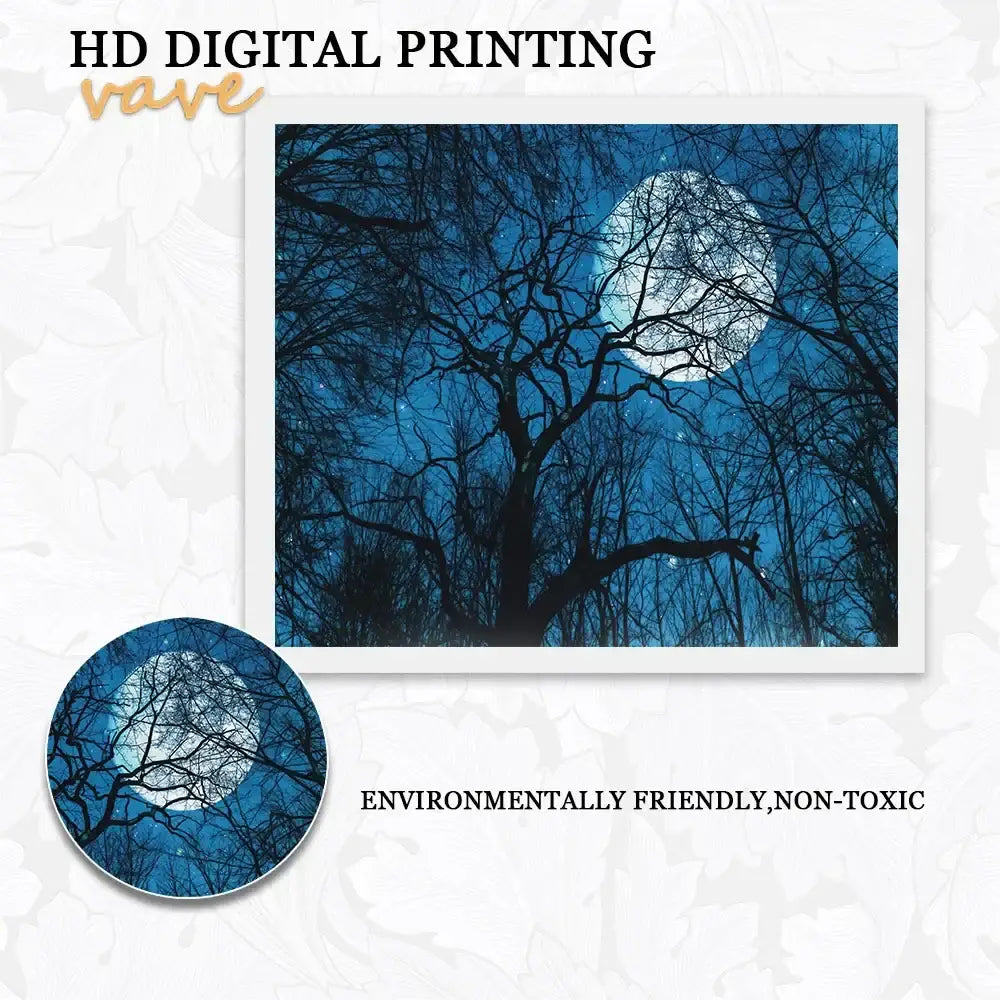 A framed digital print decorbites forest tree landscape tapestry featuring a glowing full moon through bare branches