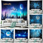 Vave cosmic night sky forest tree landscape tapestry with crescent moon and starry nebulae in blues and purples for decorbites forest tree decor