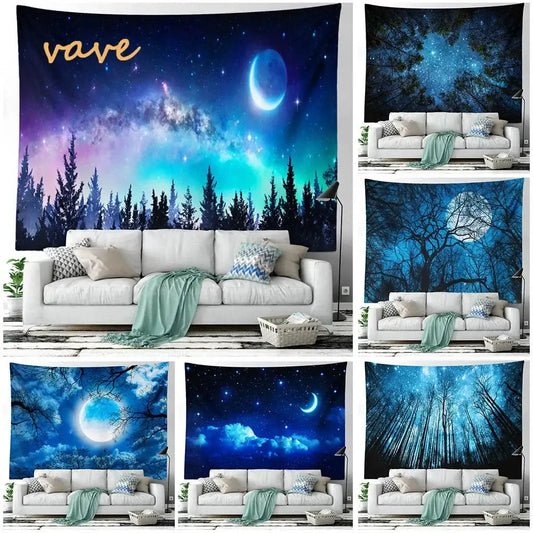 Vave cosmic night sky forest tree landscape tapestry with crescent moon and starry nebulae in blues and purples for decorbites forest tree decor