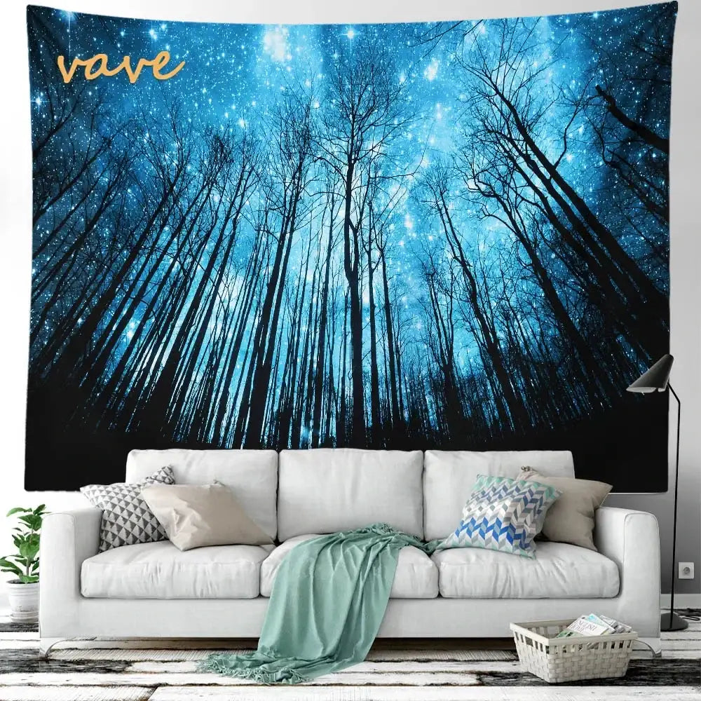 Blue starry night forest tree landscape tapestry with black silhouettes and gold vave logo for decorbites bedroom wall decor