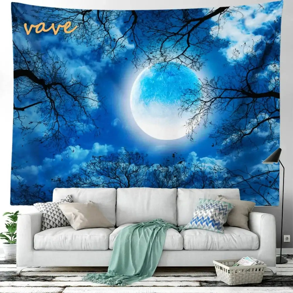 A vibrant blue moonlit forest tree landscape tapestry with black branches white clouds and gold vave brand for decorbites forest tree decor