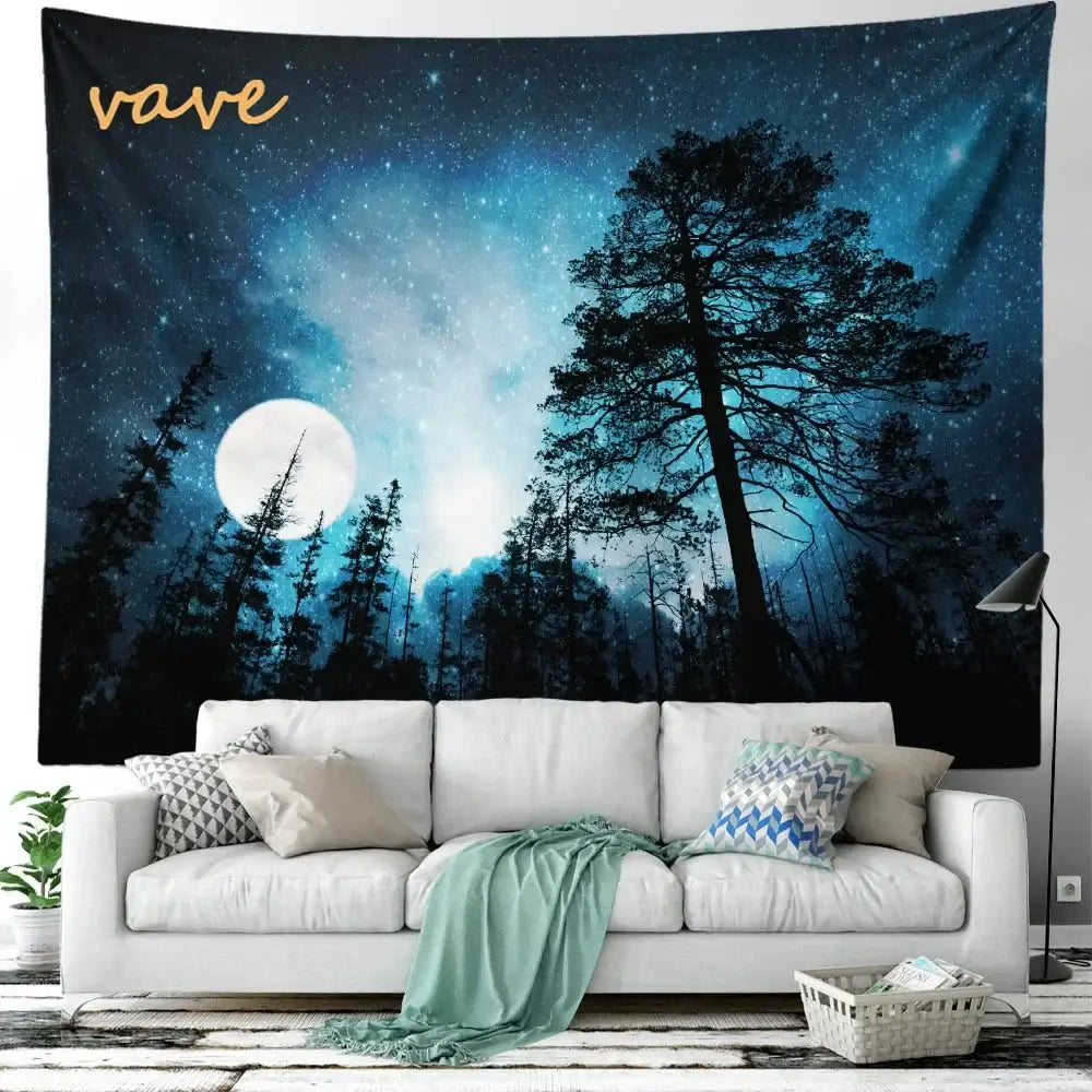 Dark blue tree landscape tapestry with silhouetted pine trees full moon and vave logo ideal for decorbites forest tree decor