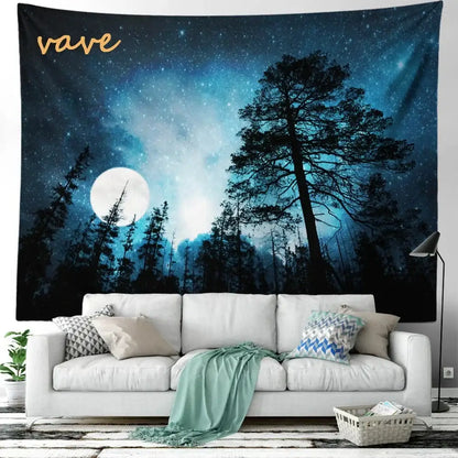 Dark blue tree landscape tapestry with silhouetted pine trees full moon and vave logo ideal for decorbites forest tree decor