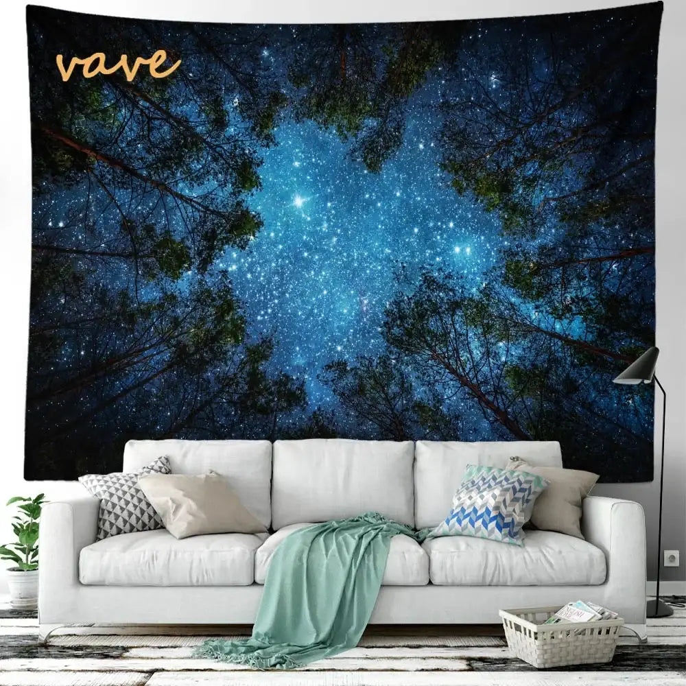 Cosmic night sky forest tree landscape tapestry with deep blue starry sky and dark silhouettes for decorbites bedroom decor