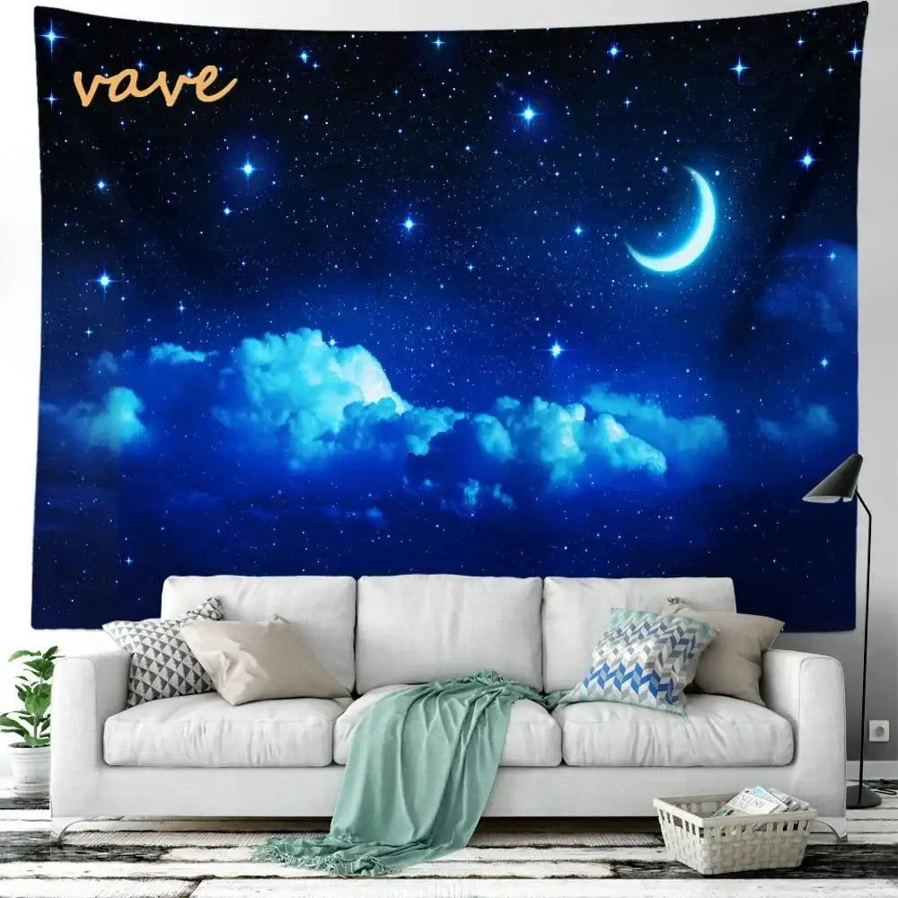 Blue starry night sky tapestry with crescent moon and clouds featuring vave gold script for decorbites forest tree landscape