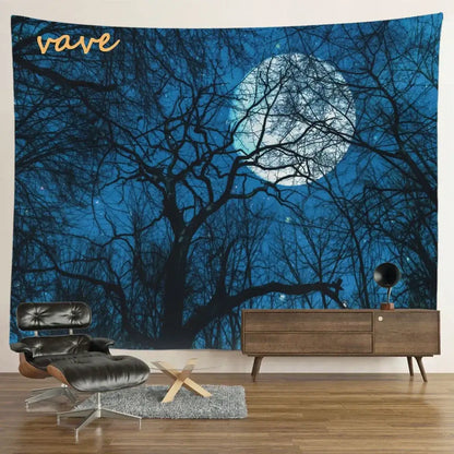 A dark blue tree landscape tapestry featuring a full moon and forest tree branches for decorbites bedroom wall decor