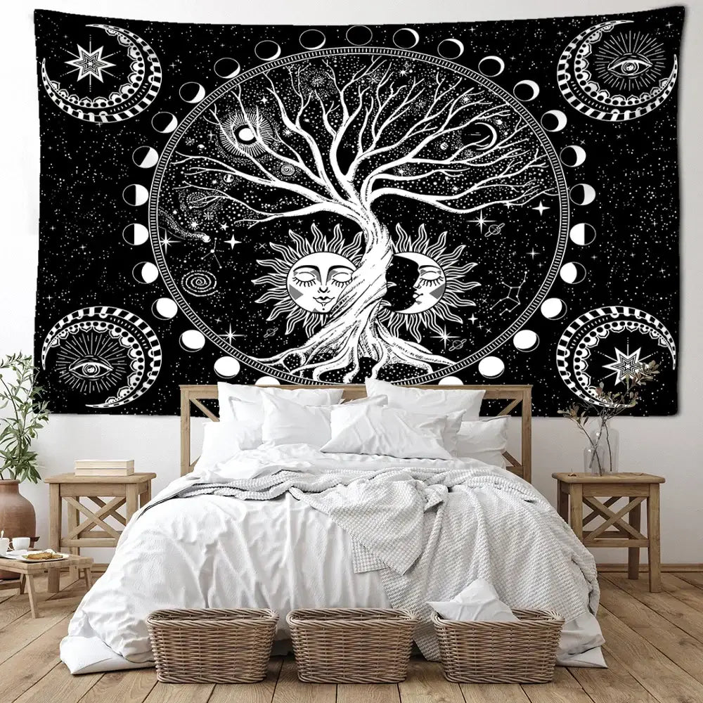 Black tapestry with white celestial green life tree design featuring sun and moon faces for bedroom wall hanging