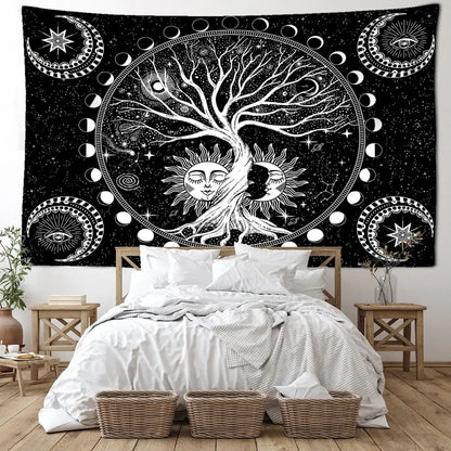 Black tapestry with white celestial green life tree design featuring sun and moon faces for bedroom wall hanging