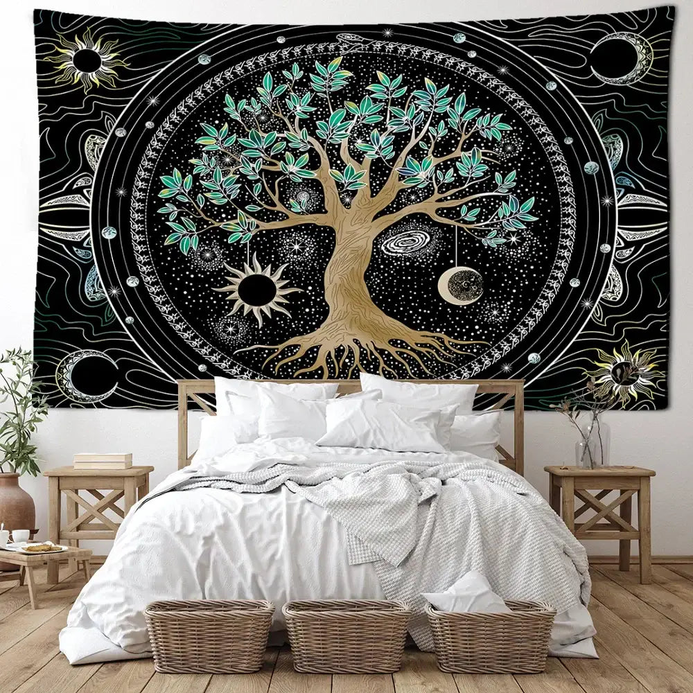 A black tapestry wall hanging with a golden green life tree and teal leaves on a cosmic celestial background