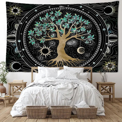 A black tapestry wall hanging with a golden green life tree and teal leaves on a cosmic celestial background