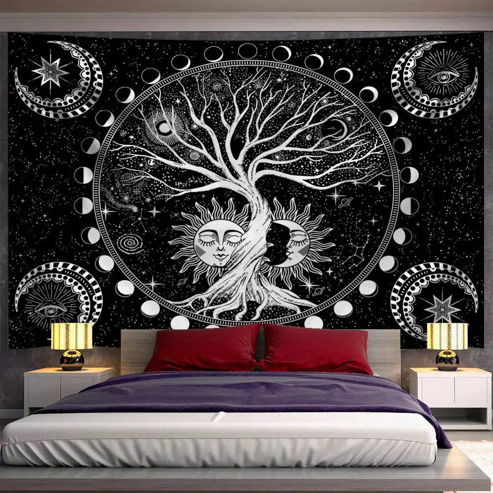 Black tapestry wall hanging featuring a white celestial green life tree design with moon phases and starry background