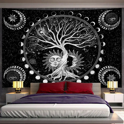 Black tapestry wall hanging featuring a white celestial green life tree design with moon phases and starry background