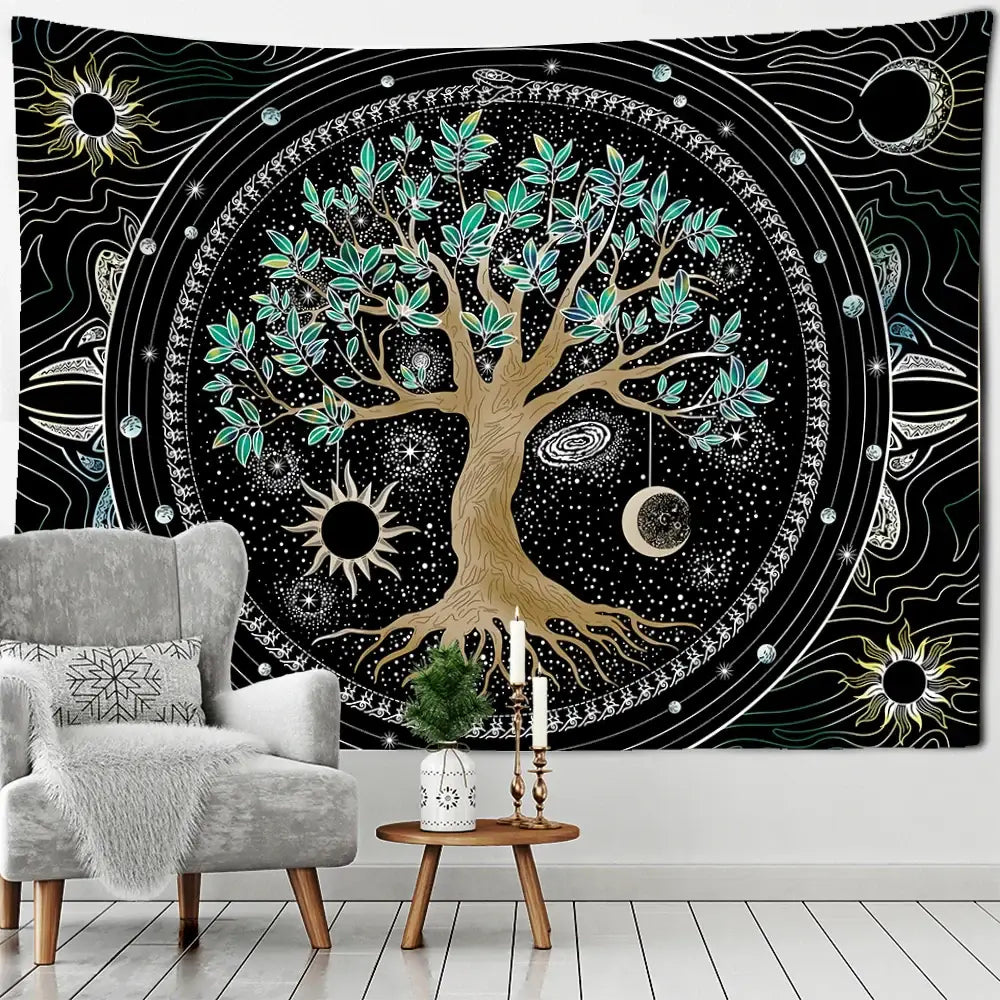 Black tapestry wall hanging featuring a golden green life tree with teal leaves and celestial sun and moon motifs