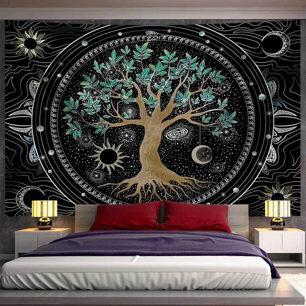 Cosmic teal and black green life tree tapestry with intricate celestial designs for bedroom wall hanging