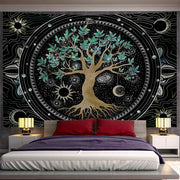 Cosmic teal and black green life tree tapestry with intricate celestial designs for bedroom wall hanging