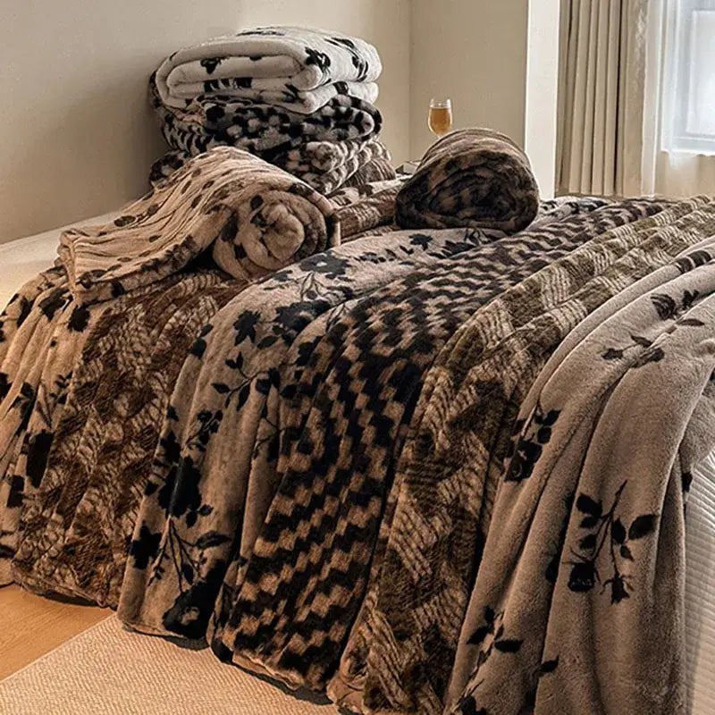 Stack of cosy faux rabbit plush floral throw blankets in earth tones with black patterns for living room decorbites cosy faux