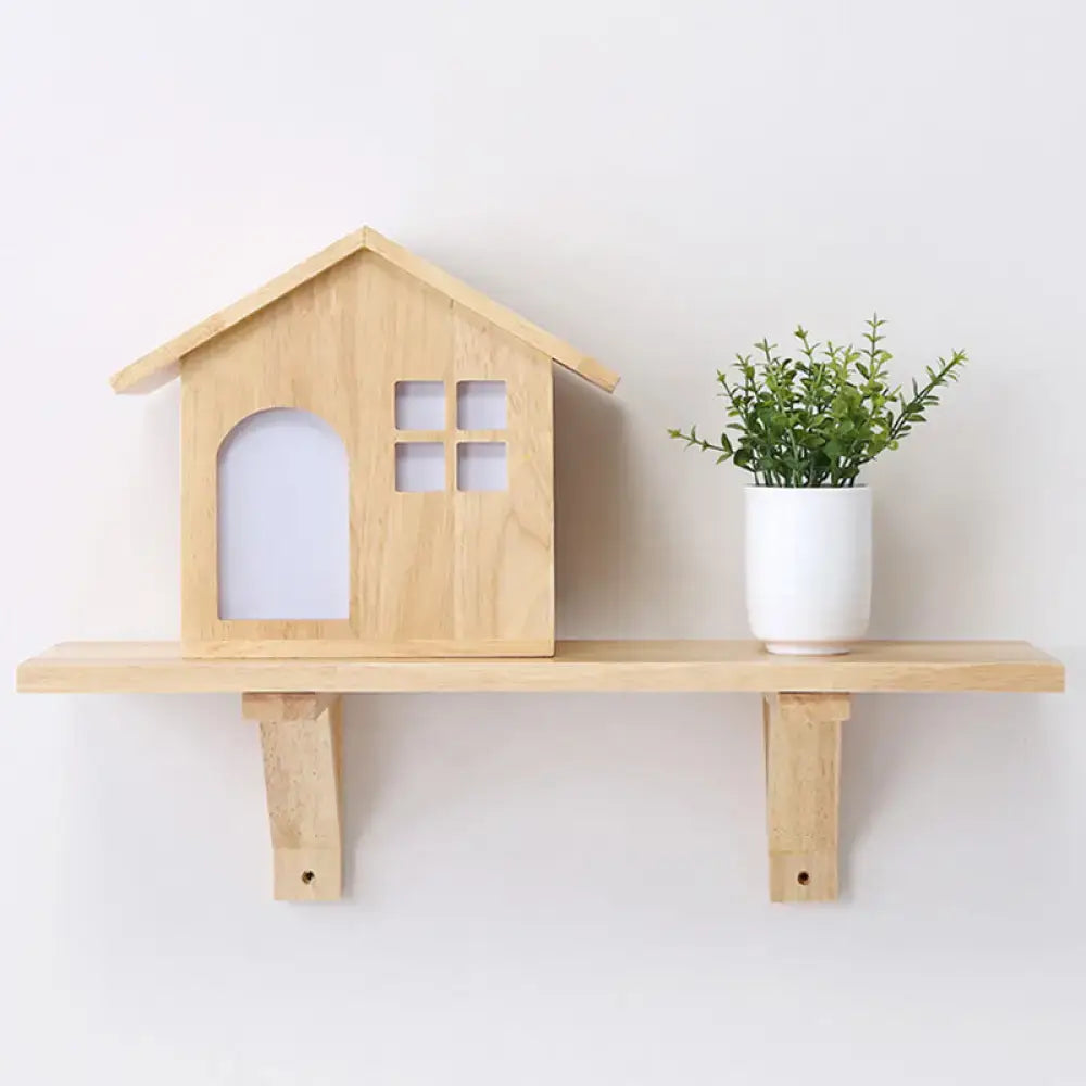 Light-colored wooden cottage house wall sconce with arched window and shelf for bedroom lighting and decor