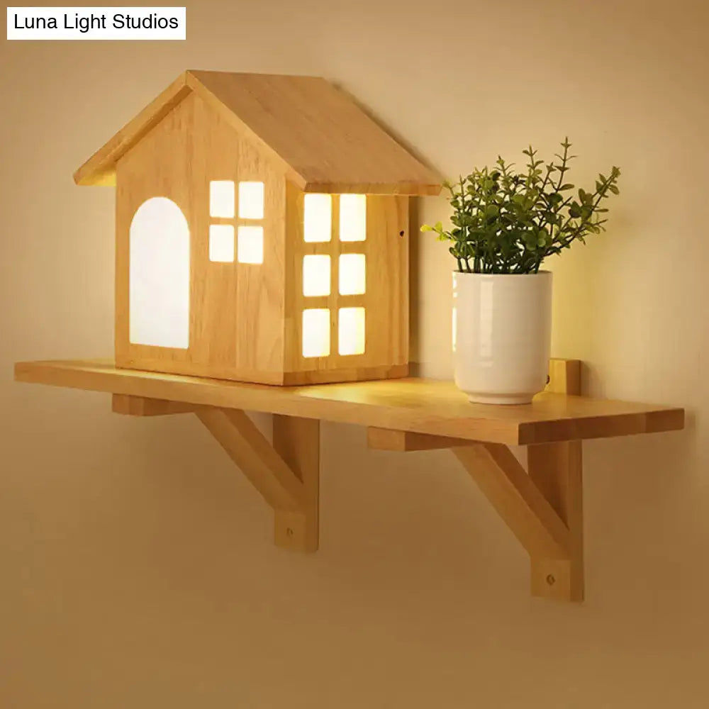 Cottage wood house wall sconce with lighted windows and arched doorway wooden shelf for bedroom lighting