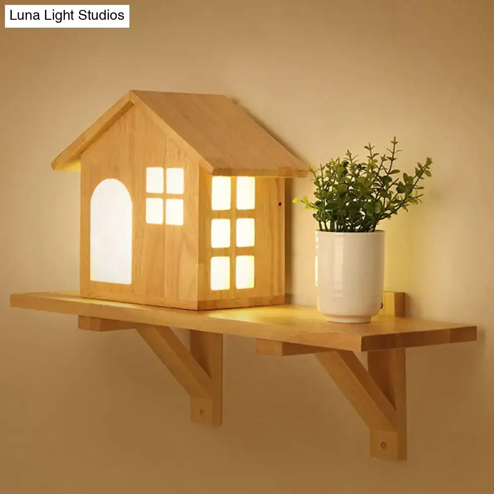 Cottage wood house wall sconce with shelf featuring a warm wooden minimalist design and glowing windows for bedroom lighting