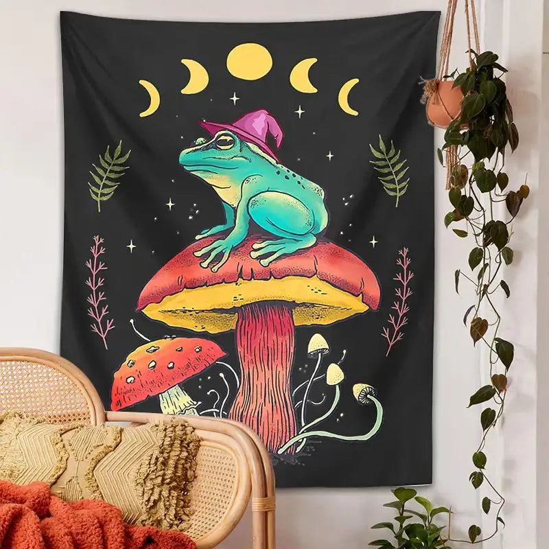 Cottagecore frog on mushroom tapestry wall hanging with teal frog and colorful mushrooms for bedroom decorbites frog decor