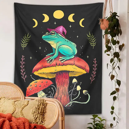 Cottagecore frog on mushroom tapestry wall hanging with teal frog and colorful mushrooms for bedroom decorbites frog decor