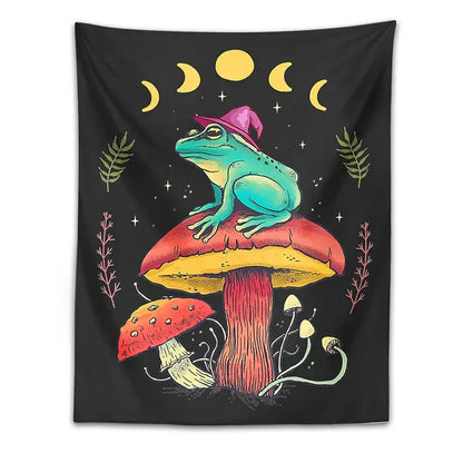 A black mushroom tapestry wall hanging featuring a teal decorbites frog on a red and yellow mushroom with moon phases