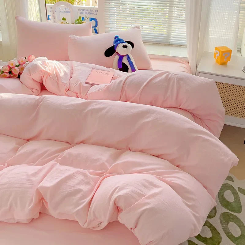 Cotton Bedding Set with Sheet Duvet Cover - Pink / Twin Size 4pcs