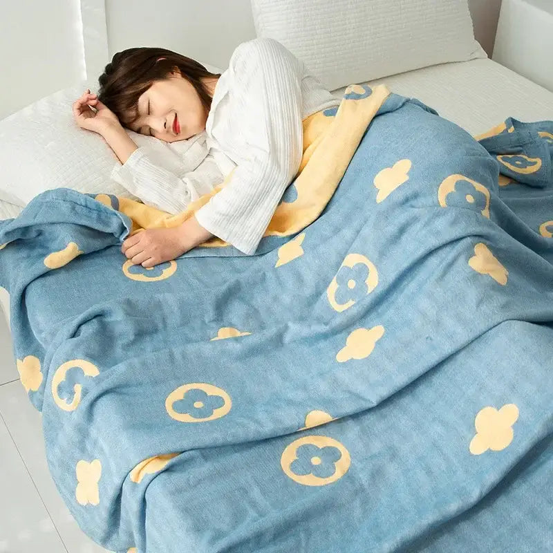 Blue and yellow floral patterned cotton gauze boho throw blanket for bedroom decorbites cotton gauze design