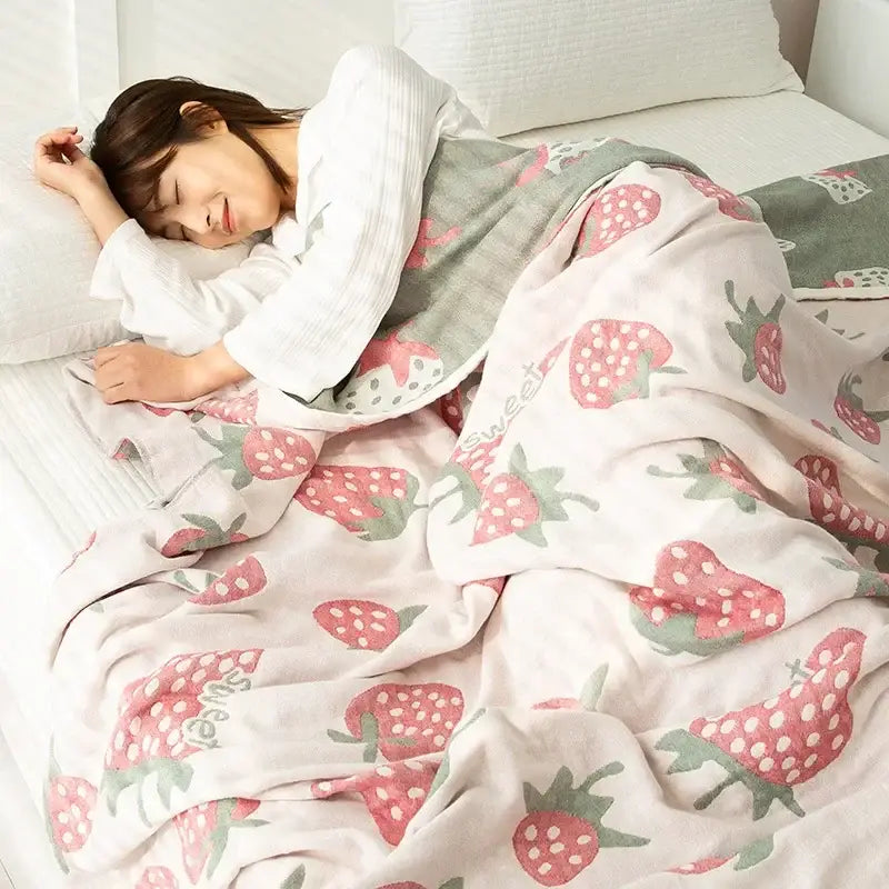 Cotton gauze boho throw blanket in pink and green strawberry pattern with sweet print for cozy decorbites cotton gauze use