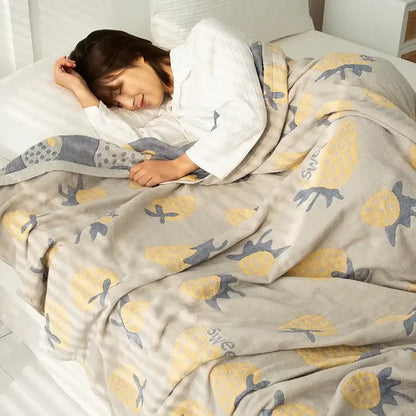 Soft gray cotton gauze boho throw with yellow pineapples blue outlines and sweet script for bedroom decorbites cotton gauze