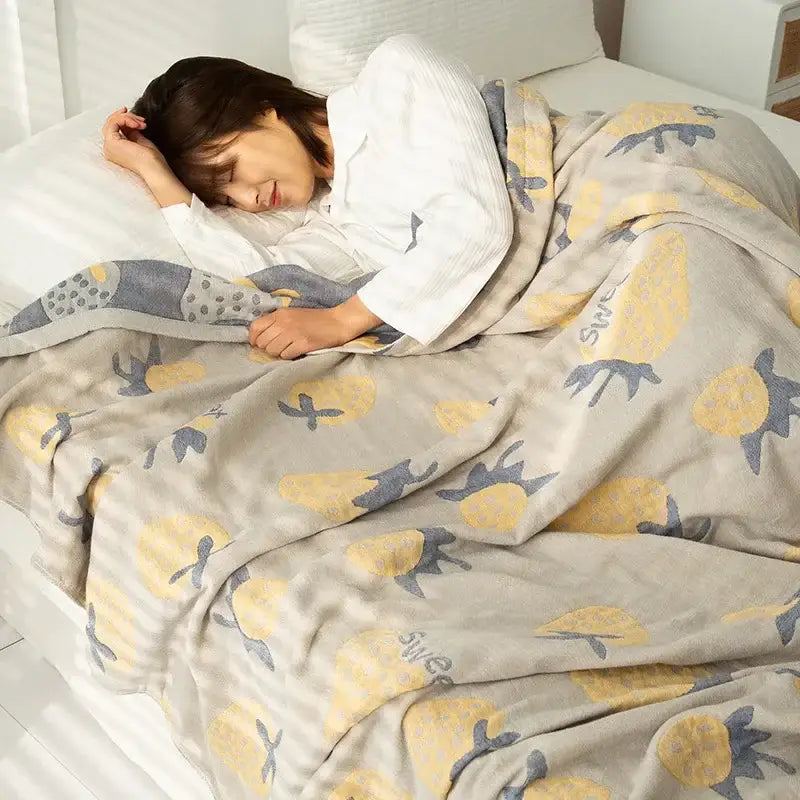 Soft gray cotton gauze boho throw with yellow pineapples blue outlines and sweet script for bedroom decorbites cotton gauze