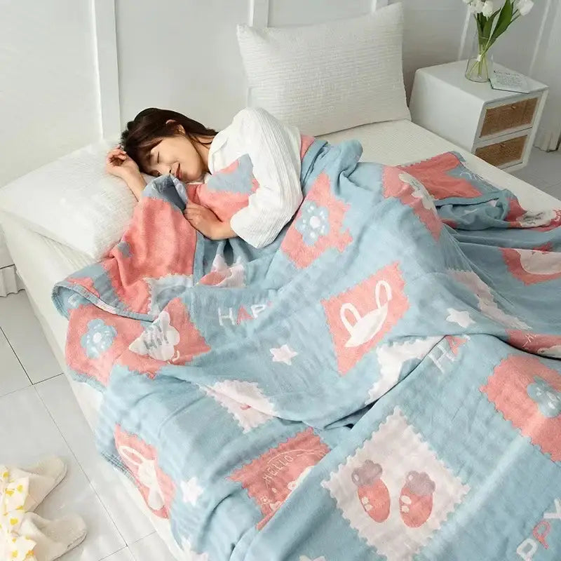 Light blue and pink plush cotton gauze boho throw with swan and baby shoe patterns for bedroom decorbites cotton gauze