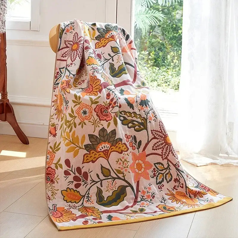 Cotton gauze peacock cream and orange bath towel bedroom throw blanket with vibrant floral pattern decorbites cotton gauze
