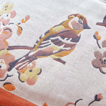 Cotton gauze peacock cream and orange bath towel decorbites cotton gauze with colorful bird and floral illustration