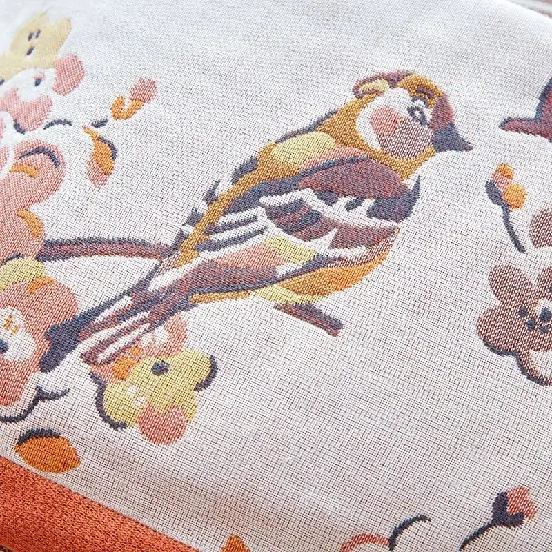 Cotton gauze peacock cream and orange bath towel decorbites cotton gauze with colorful bird and floral illustration