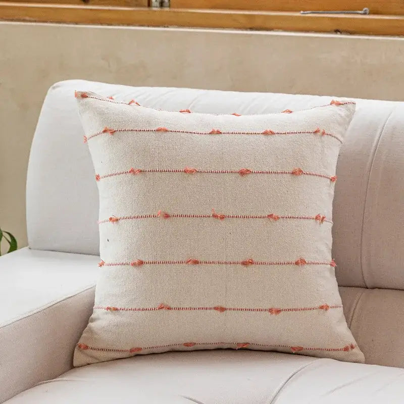 Beige square decorbites cotton stripe jacquard cushion with coral embroidered tassels for blue and yellow living room decor